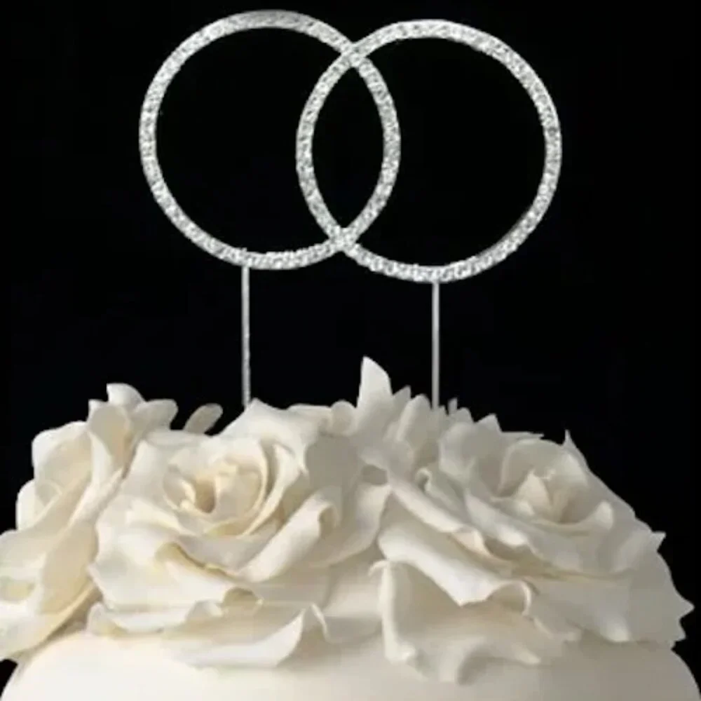 Silver Metal Rhinestone Wedding Rings Cake Topper Decoration Keepsake