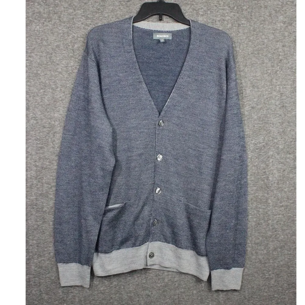 Bonobos Cardigan XL Blue Gray Stretch Extra Fine Merino Wool Button Pockets NEW