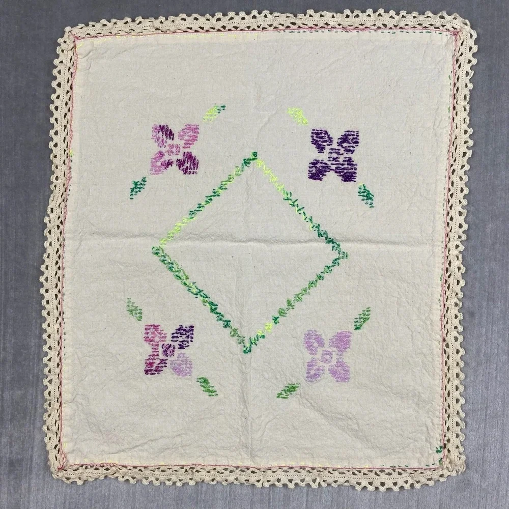 Vtg Cross Stitch Table Napkin Shabby Chic Floral Embroidery Lace Border Cottage