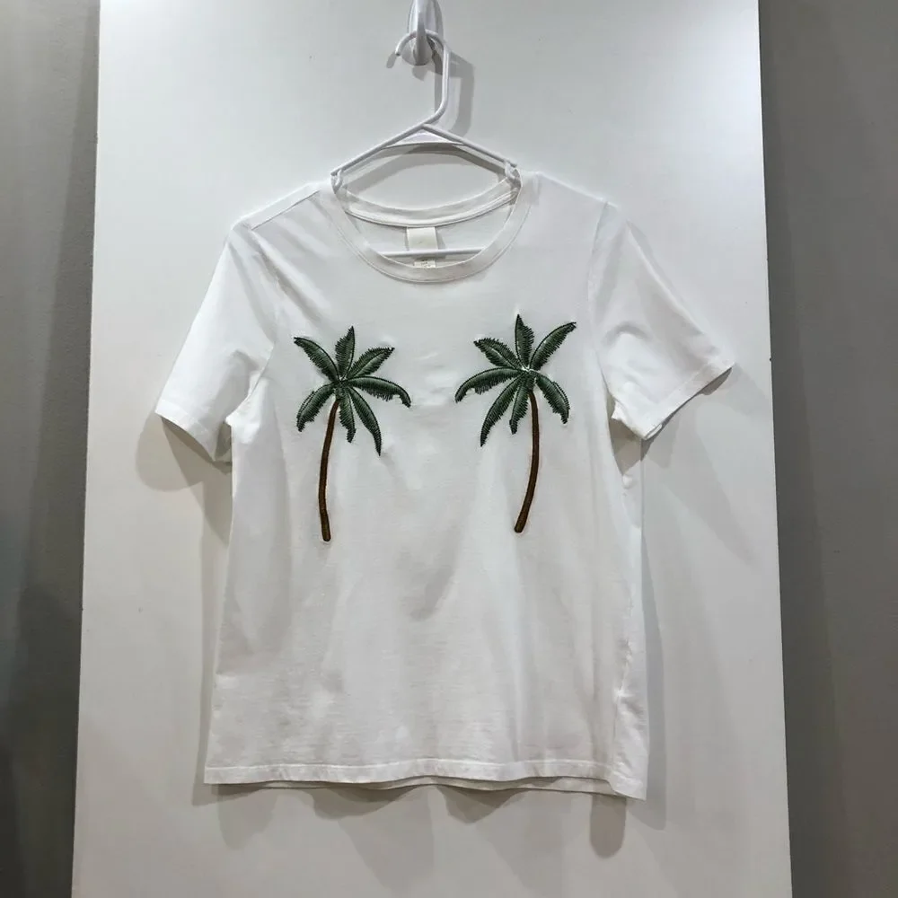 White Tee, Palm Trees, H&M, Size M