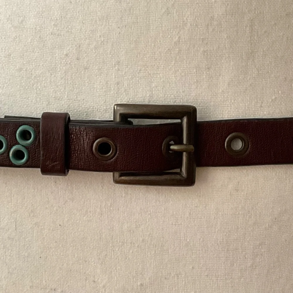 Brown Leather Boho Belt Blue Decorative Holes Size 31”-35”
