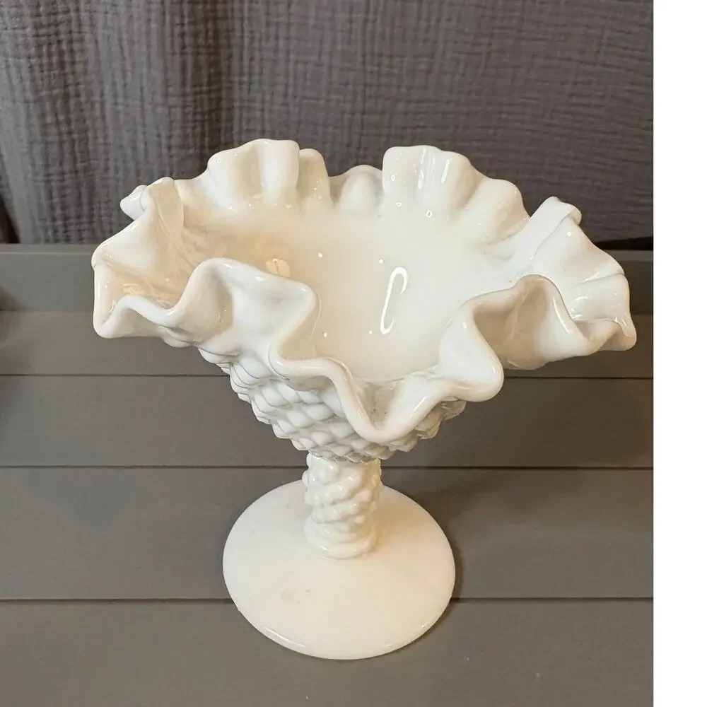 Vintage Fenton Milk Glass Hobnail Crimped Edge Compote Dish