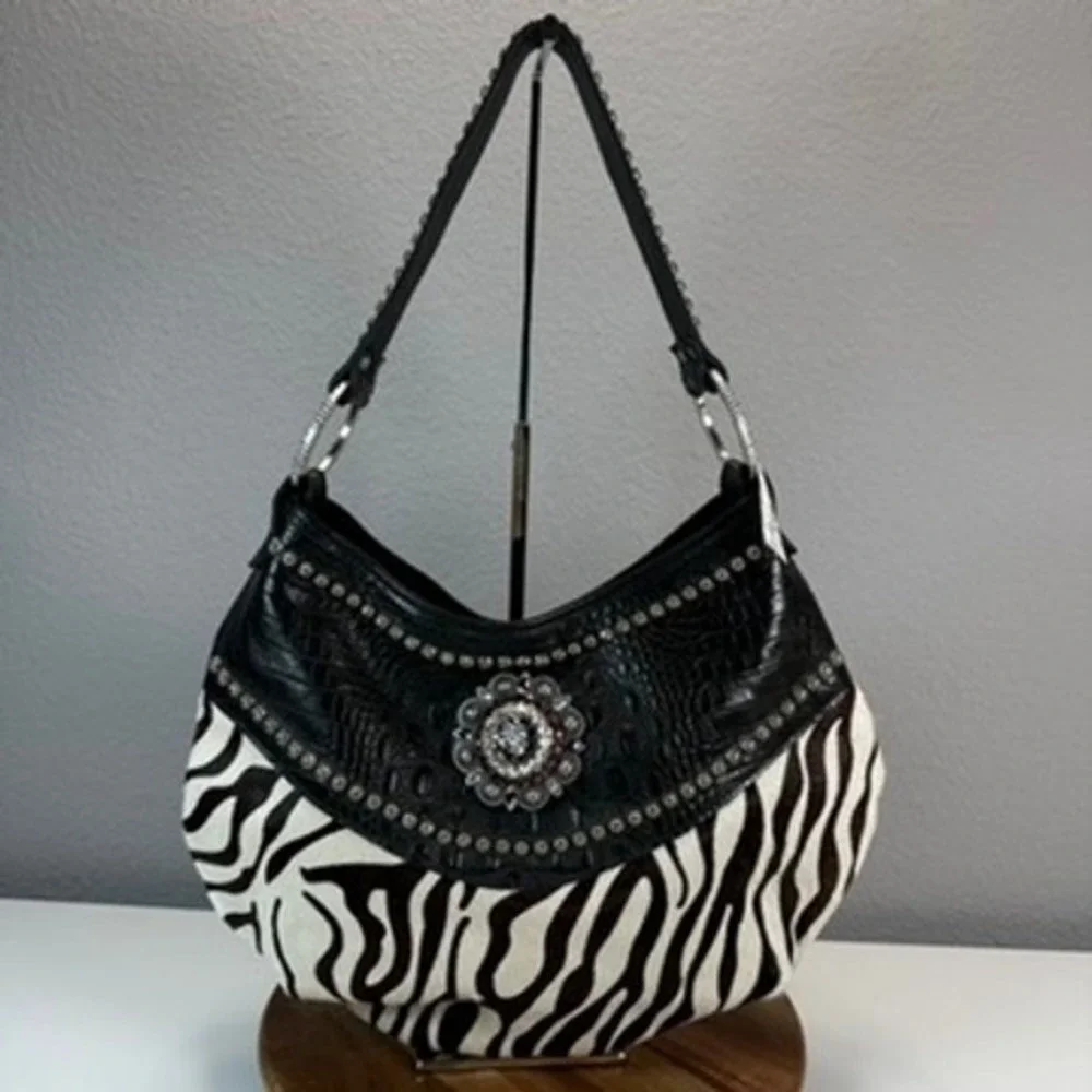 Raviani Leather Zebra Fur Hobo Bag Rhinestone Gems Purse Shoulder Bag Western