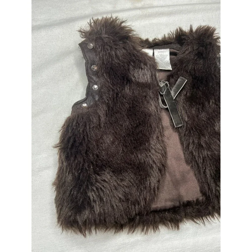 Kids Fake Fur Brown Vest 18 Months Tie Sequins