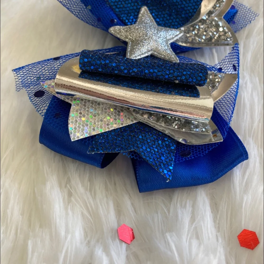 Handmade Star Hair Bow Kids Girls Blue Faux Leather