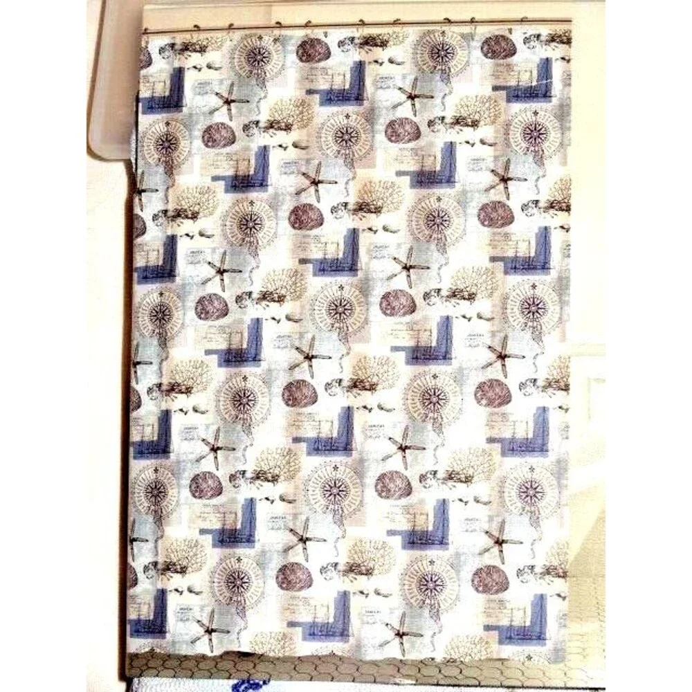 Nautical Postcard Fabric Shower Curtain Sailing Ship Lobster Sealife Blue White