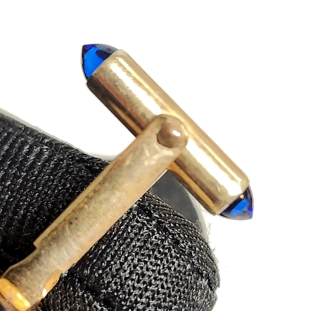 Correct 14K Goldplated Blue Round & Bullet Glass Cab Cufflinks, Signed