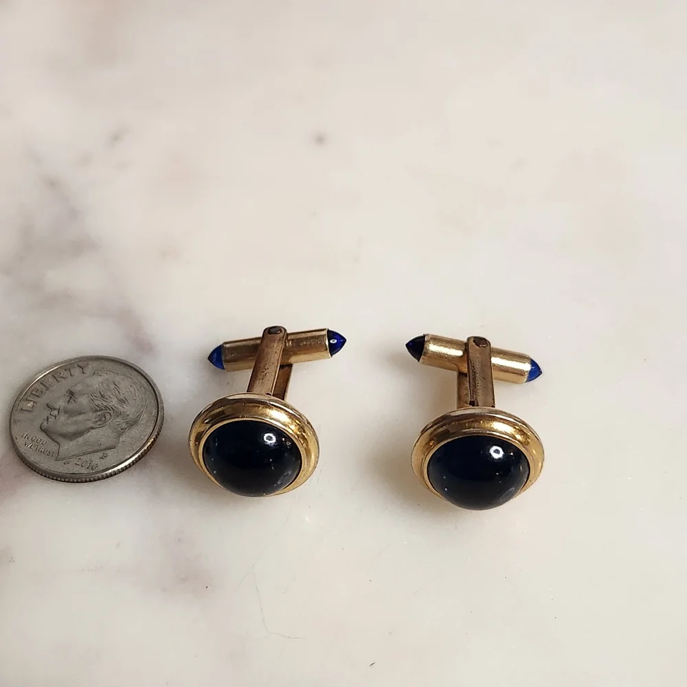 Correct 14K Goldplated Blue Round & Bullet Glass Cab Cufflinks, Signed