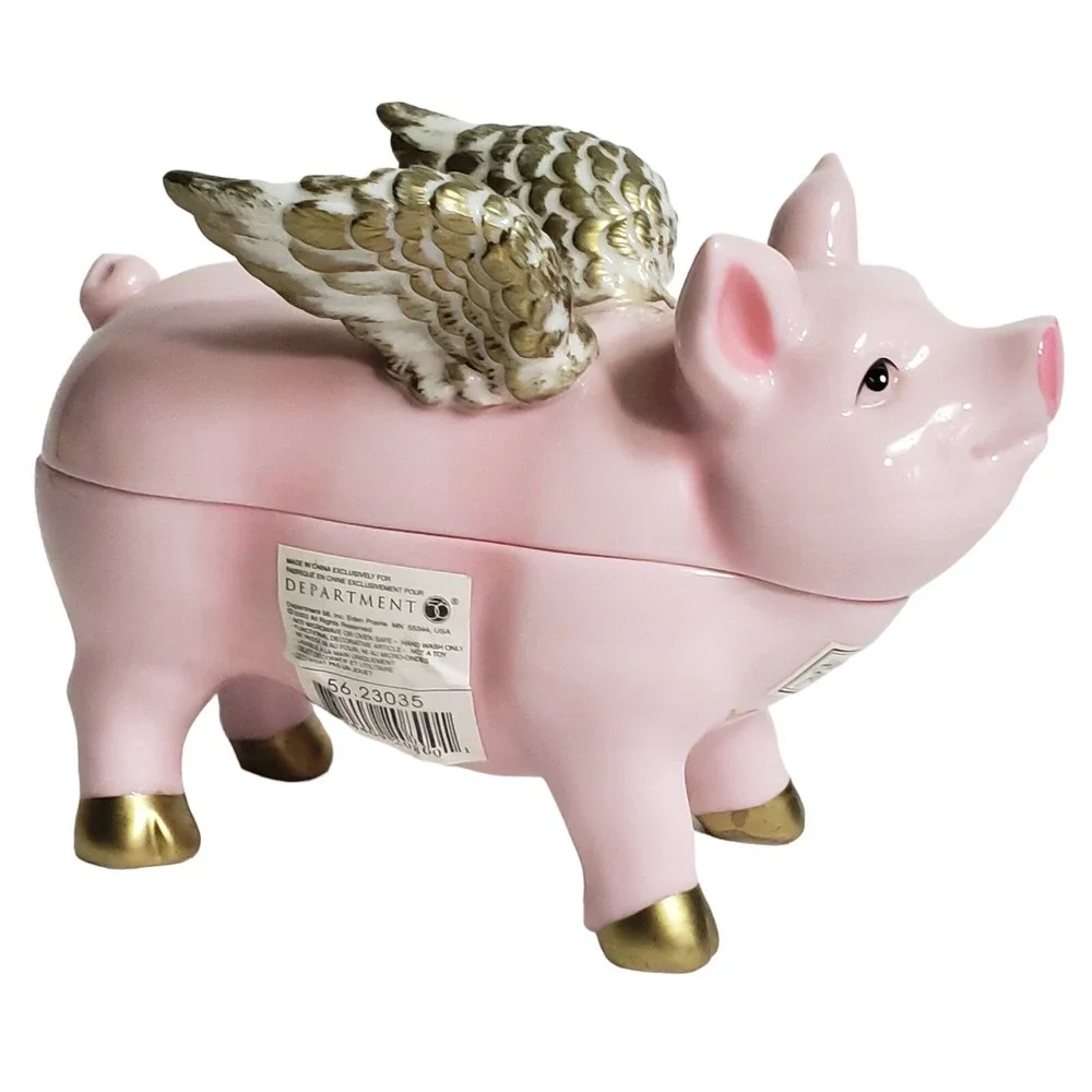 Department Dept 56 When Pigs Fly Flying Pink Pig Ceramic Trinket Box Vintage