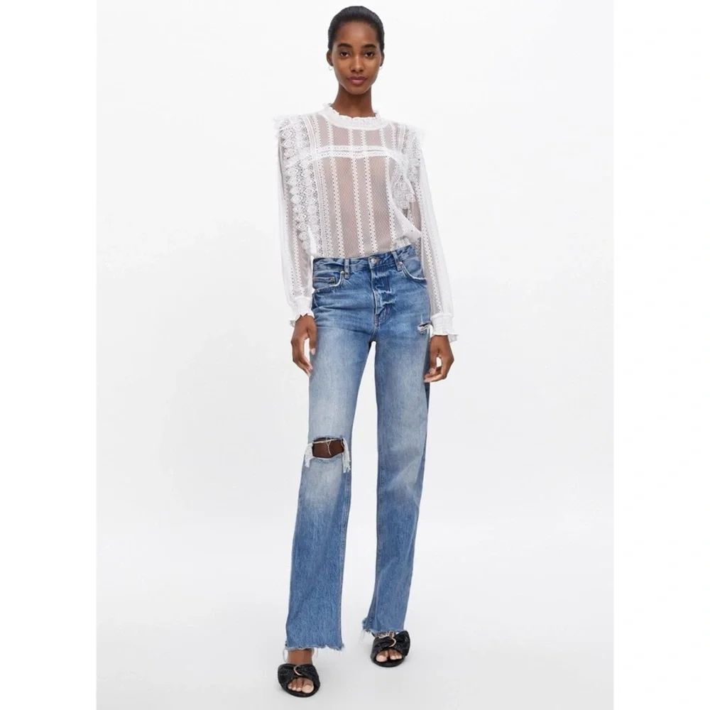 NWOT Zara White Lace Sheer Blouse Top Size S