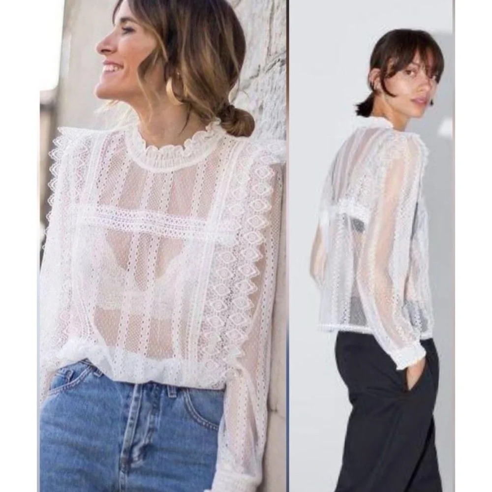 NWOT Zara White Lace Sheer Blouse Top Size S