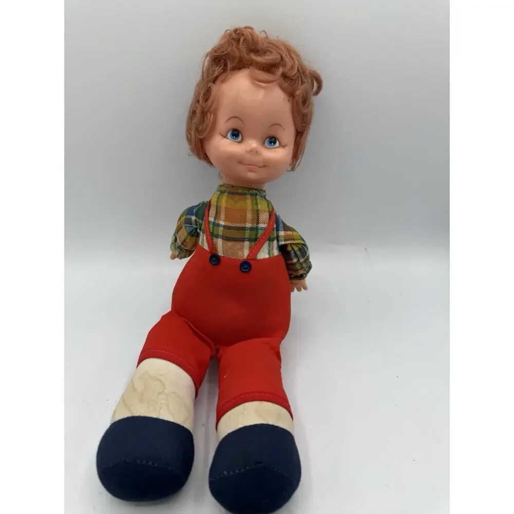 Vintage 1970s NASCO Cloth Body Doll Red Overalls Plaid Shirt Needs TLC