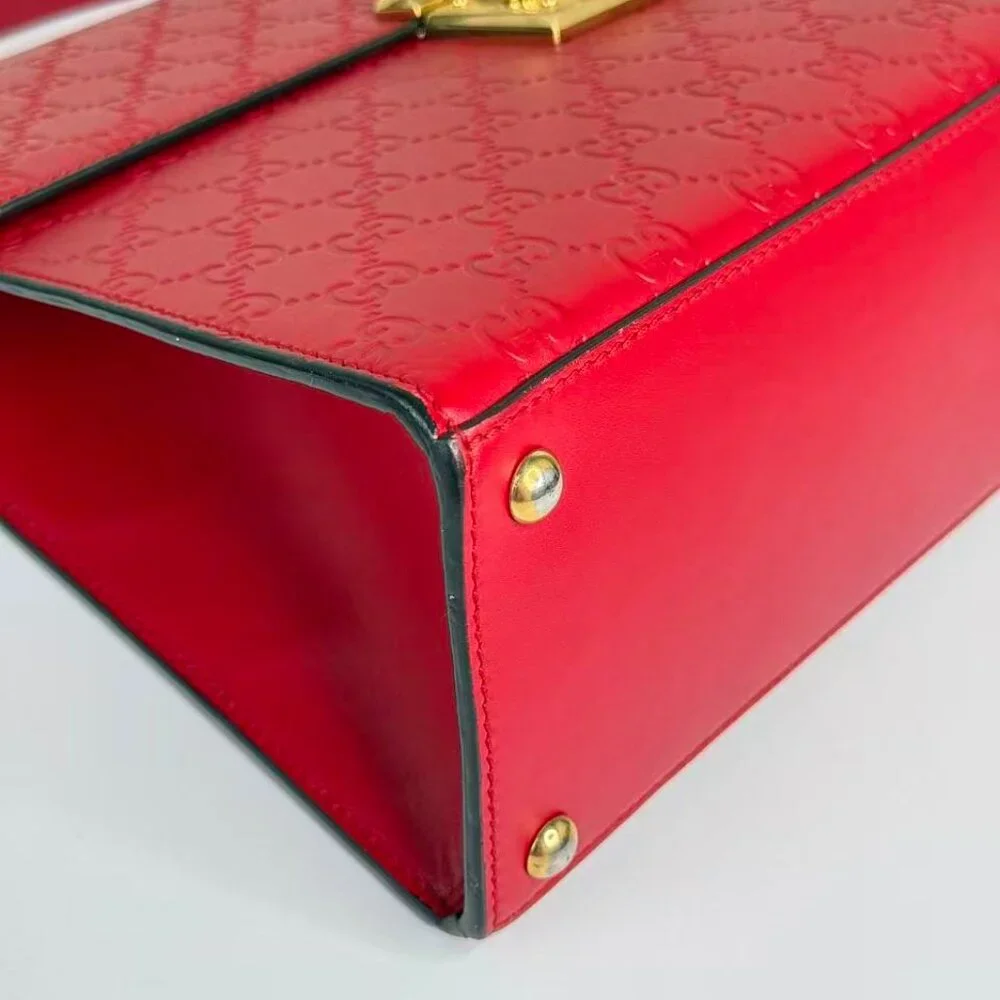 Gucci GG Logo Printed Red Leather Padlock Shoulder Bag with Gold Tone Lock