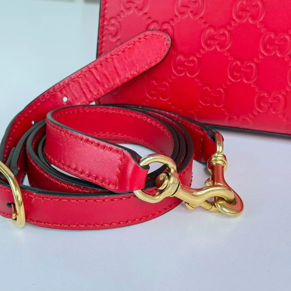 Gucci GG Logo Printed Red Leather Padlock Shoulder Bag with Gold Tone Lock