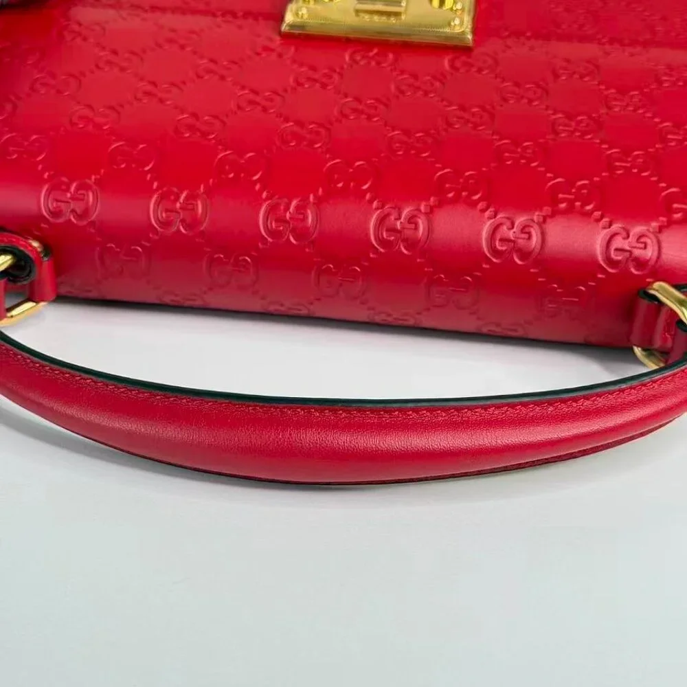 Gucci GG Logo Printed Red Leather Padlock Shoulder Bag with Gold Tone Lock