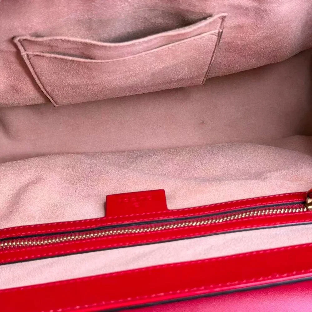 Gucci GG Logo Printed Red Leather Padlock Shoulder Bag with Gold Tone Lock