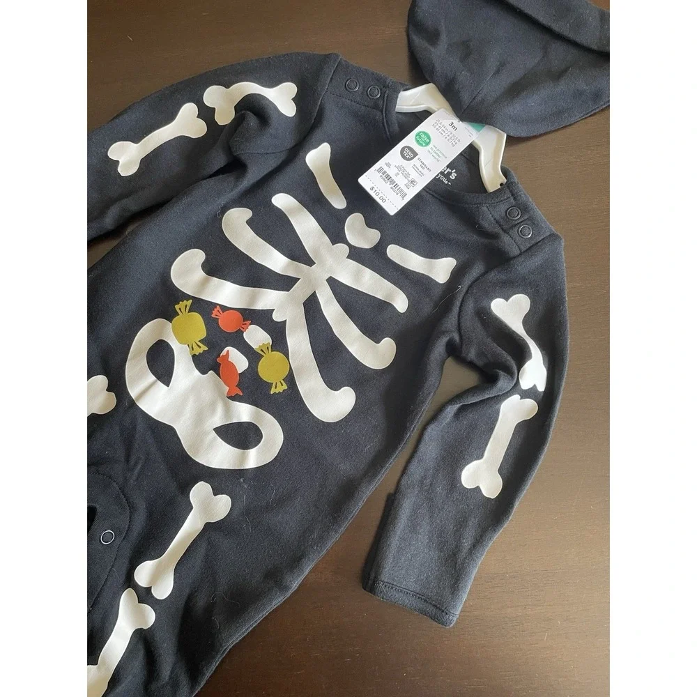 Carter's Baby Unisex Size 3 M Footed Skeleton Pajama Set Black Costume Hat NWt