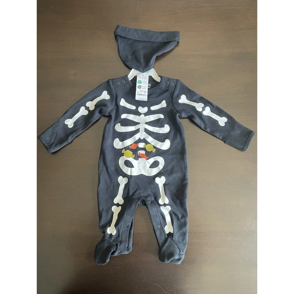 Carter's Baby Unisex Size 3 M Footed Skeleton Pajama Set Black Costume Hat NWt