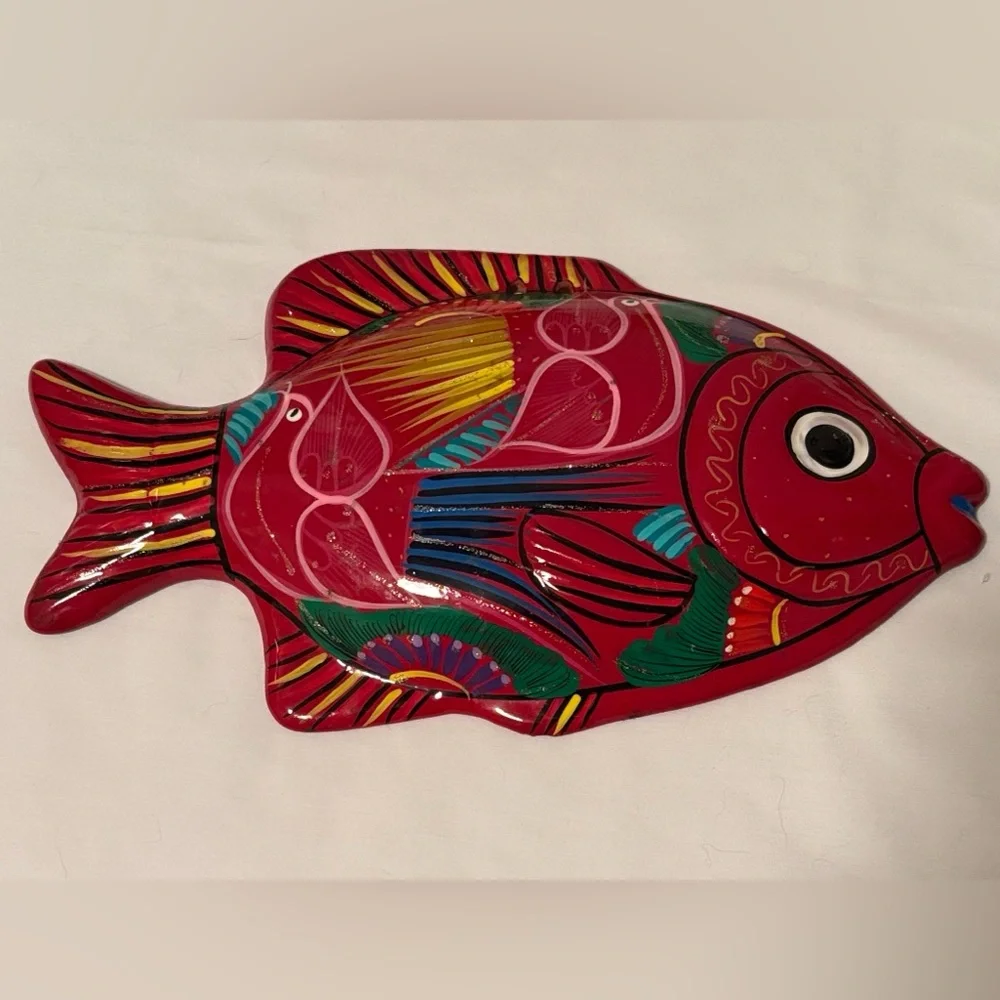 Vintage Talavera Mexican Red Clay Pottery Hand Painted Wall Décor