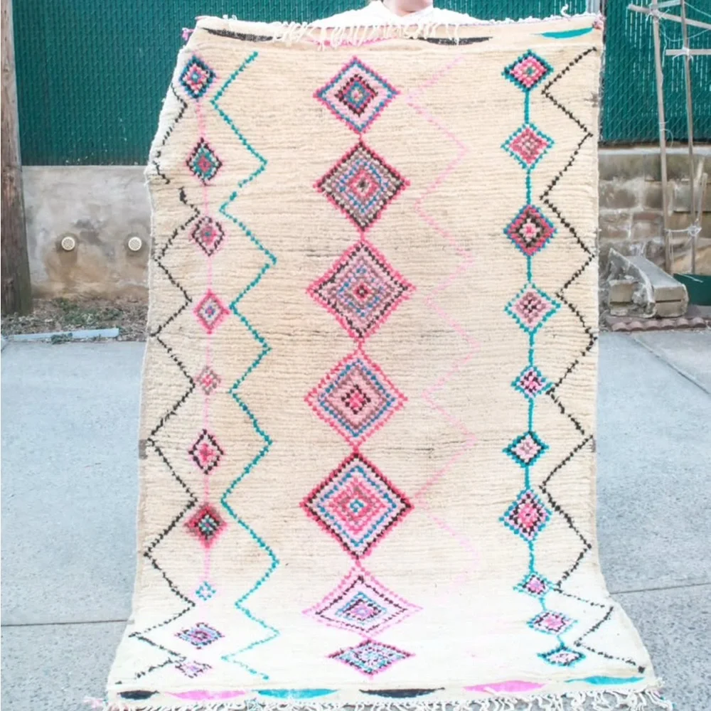 Colorful Geometric Moroccan Beni Ourain Pattern Rug