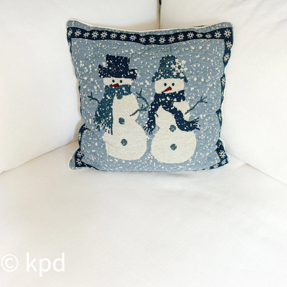 Snowman Holiday Decorative Pillow 17x17 – Blue & White Winter Christmas Accent