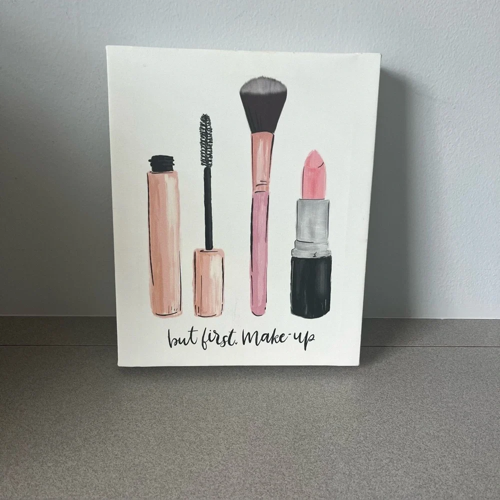 Canvas Wall Art Pink Lipstick, Brush & Mascara Ready to Hang
