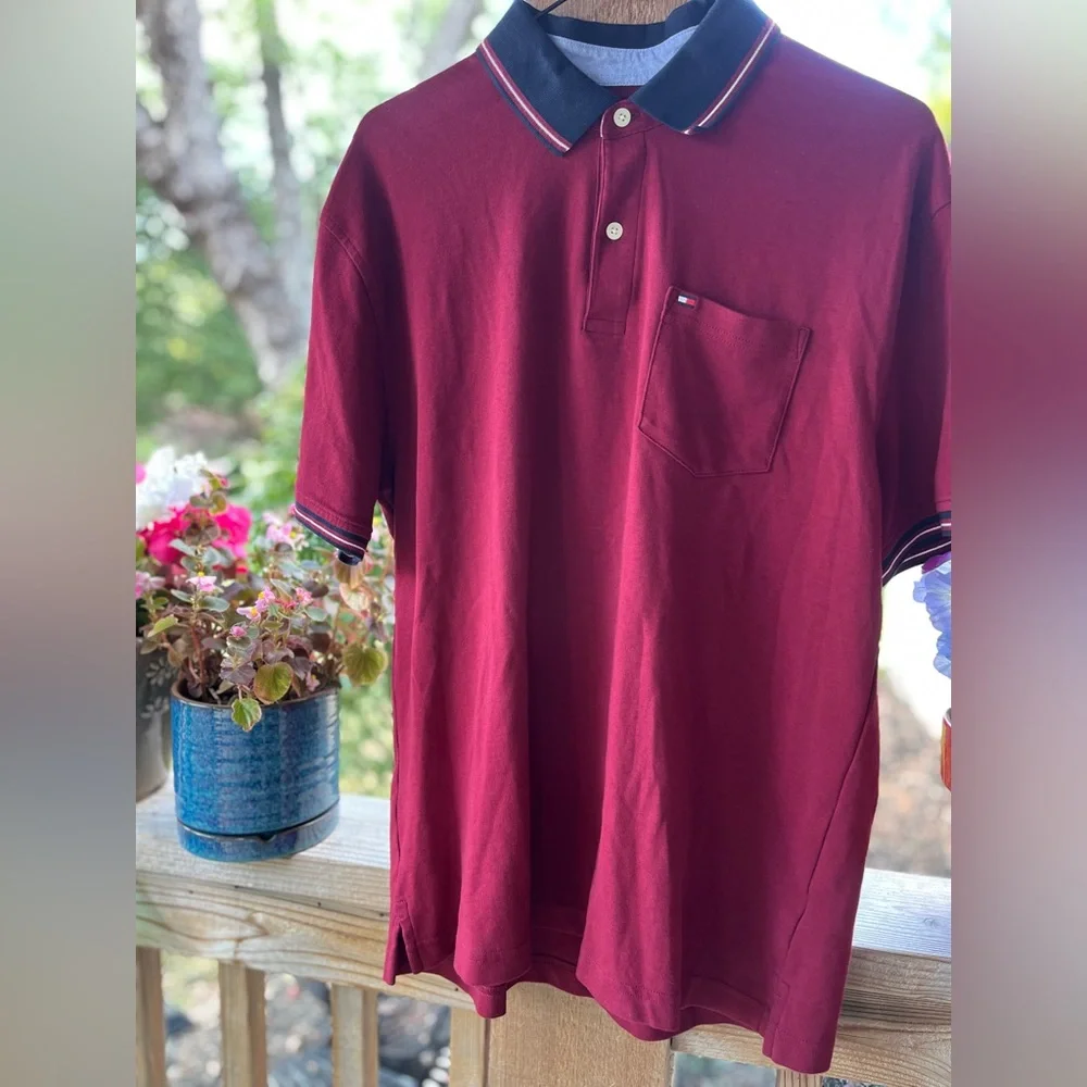 Tommy Hilfiger Men’s Crimson w Navy Trim Soft Cotton Knit 2 Button Polo Shirt XL