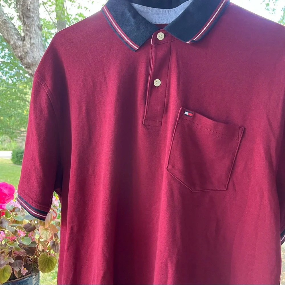 Tommy Hilfiger Men’s Crimson w Navy Trim Soft Cotton Knit 2 Button Polo Shirt XL