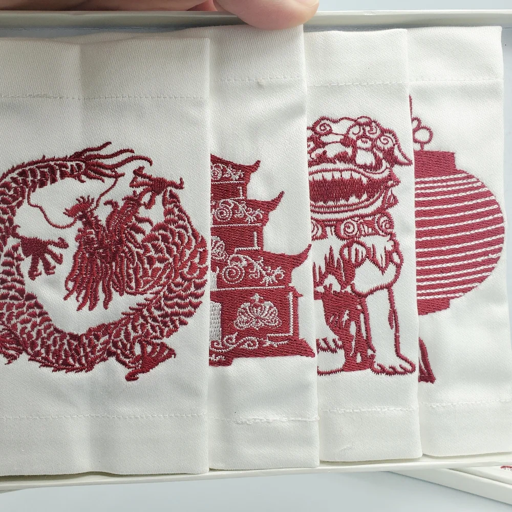 NIB NWT Z Gallerie Dark Red Embroidered Fabric Chinoiserie Coasters Set of 4