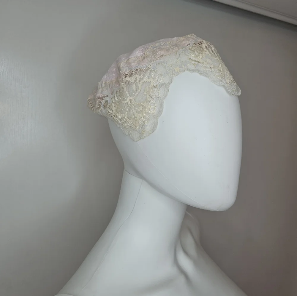 Elegant Cream/Pink Lace Trim Head Covering