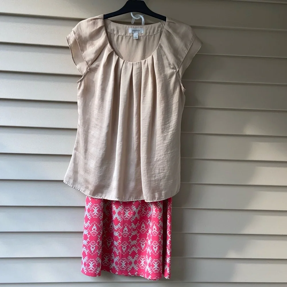 VWL Dressbarn Sz-L Beige Silky Top w/ Beige & Peachy/Orange Patterned Skirt Both