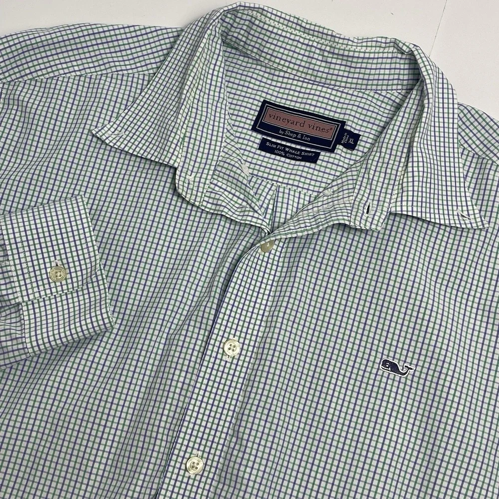 Vineyard Vines Men's XL White Green Purple Plaid Slim Fit Whale Checkered