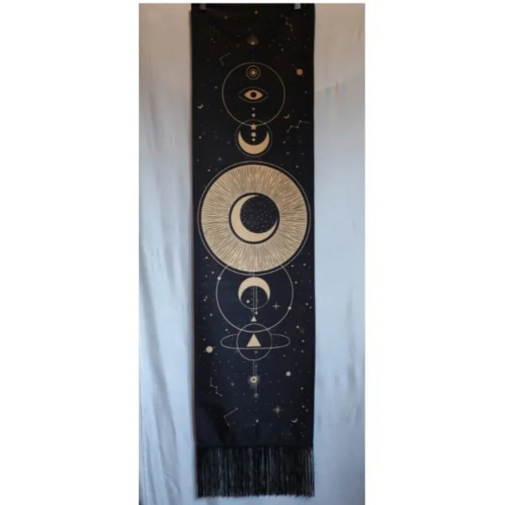 Black and Gold Mood Goddess Nylon Canvas Sacred Geometric Tassel Wall Tapestry