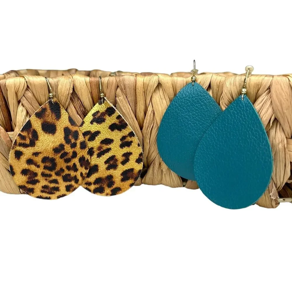 Faux Leather Teardrop Earrings Set of Two Metallic Leopard Print and Solid Teal