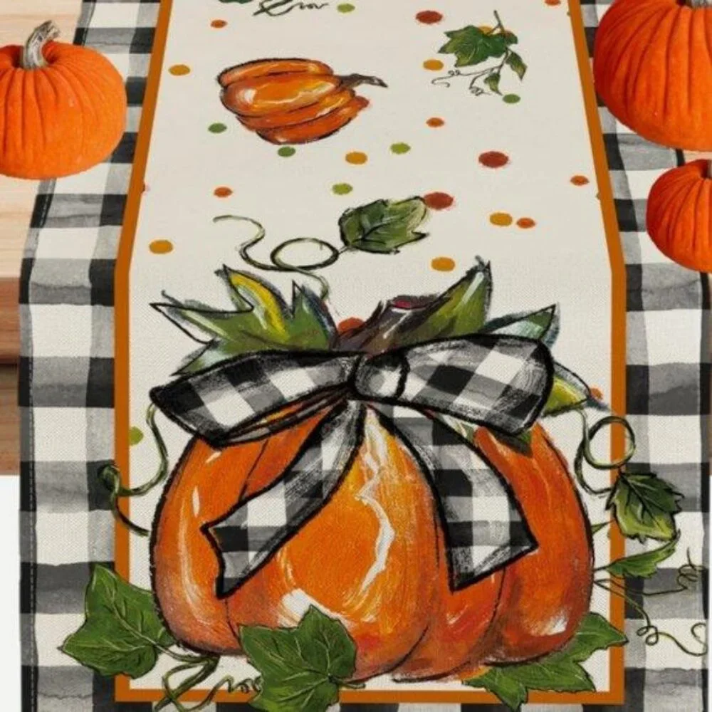 Pumpkin Table Runner Long Plaid Decorative Cloth Fall Thanksgiving Decor 13x90