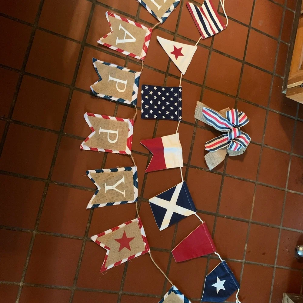 2 Pottery Barn patriotic garlands. JULY 4th and 1 bow. RED, WHITE and BLUE.
