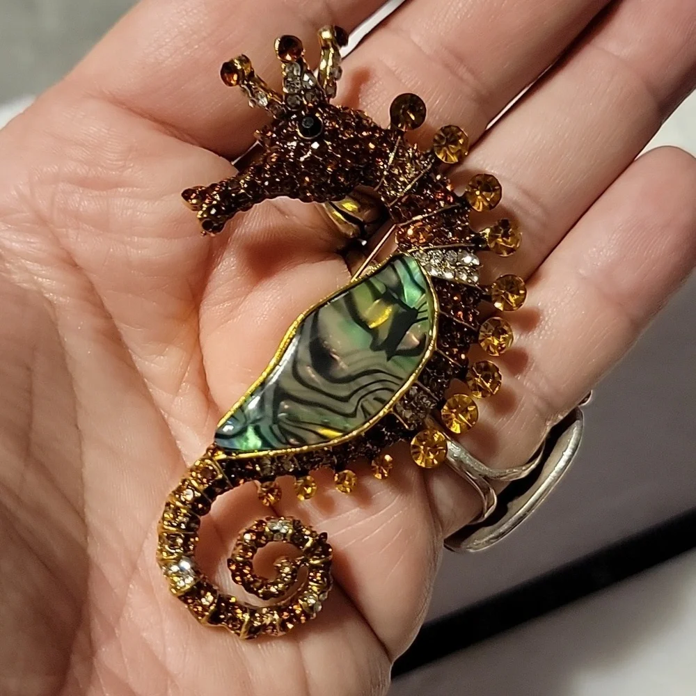 Fabulous Amber Colored Rhinestone & Abalone Sea Horse Gold Tone Brooch Pin