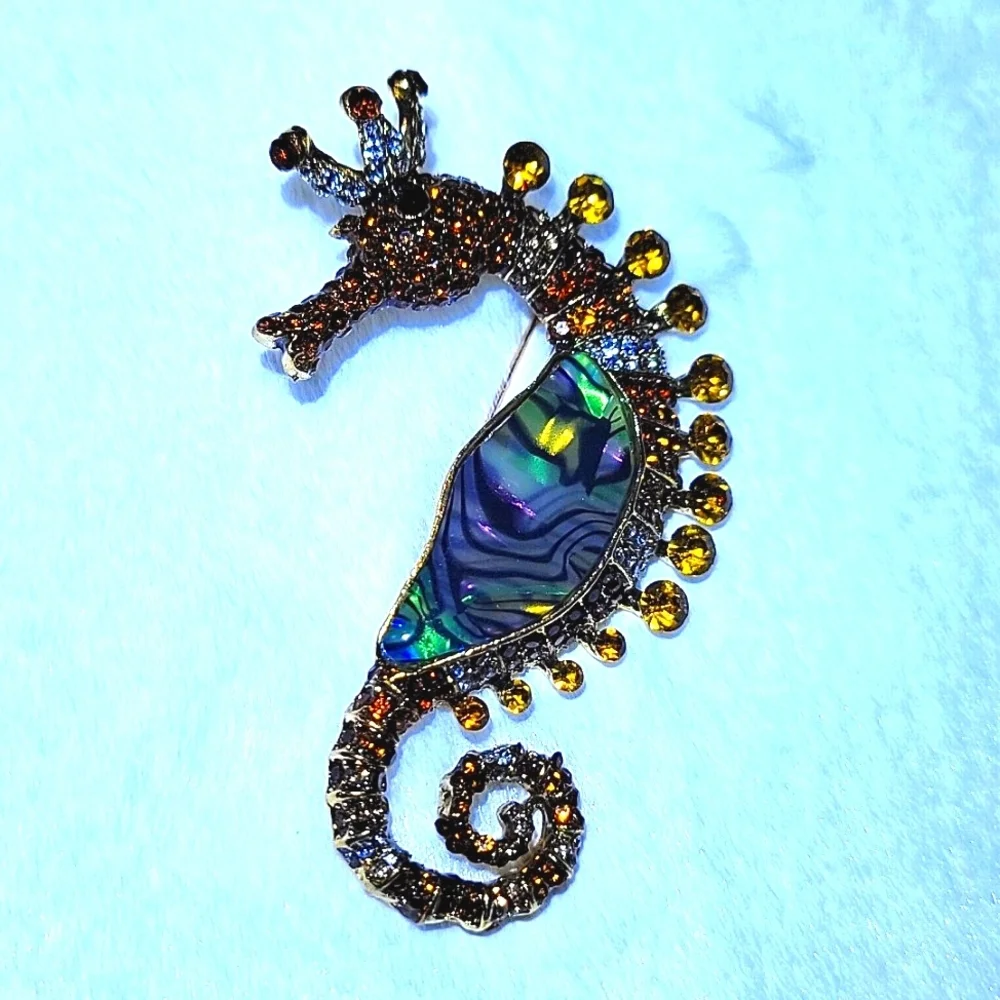 Fabulous Amber Colored Rhinestone & Abalone Sea Horse Gold Tone Brooch Pin