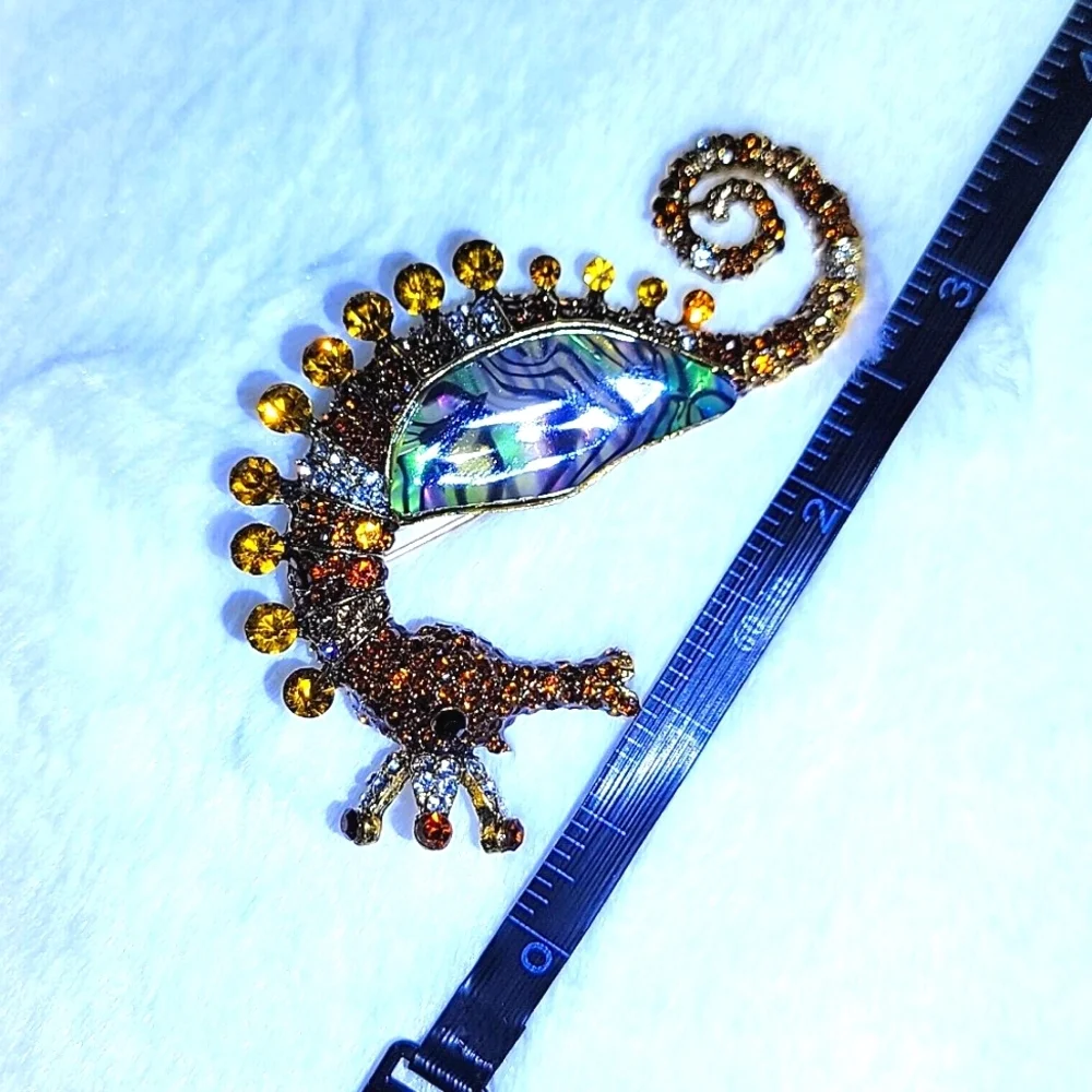 Fabulous Amber Colored Rhinestone & Abalone Sea Horse Gold Tone Brooch Pin