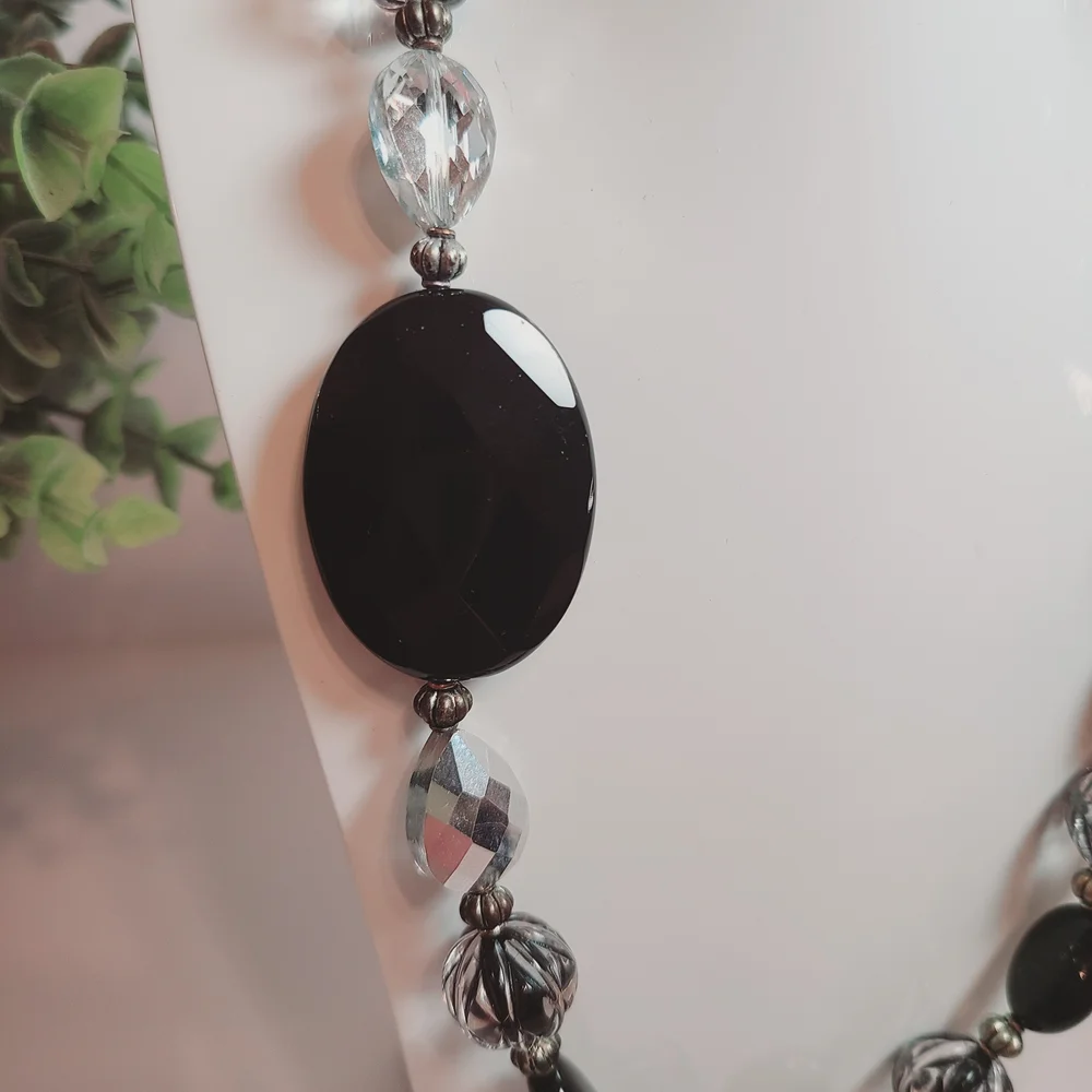 Black & Clear Beaded Statement Necklace with Large Faceted Pendant – 20