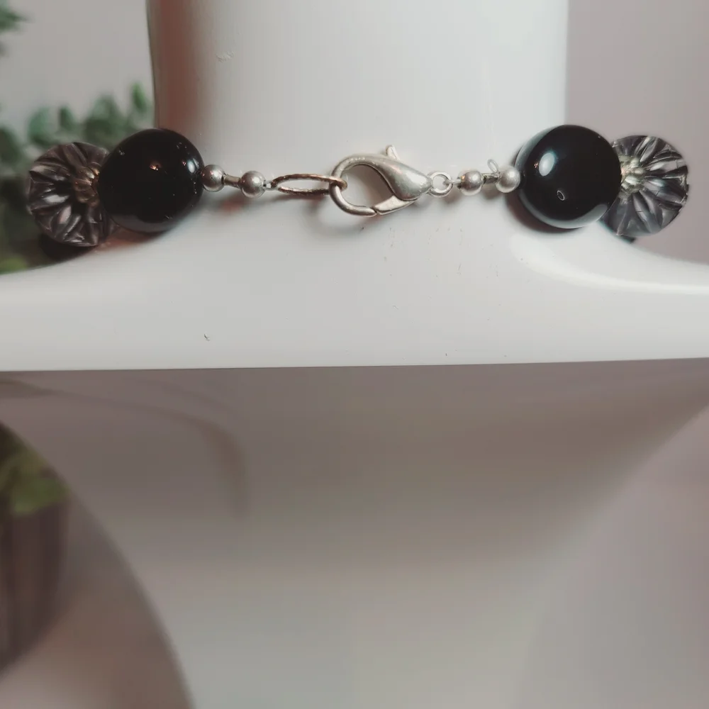 Black & Clear Beaded Statement Necklace with Large Faceted Pendant – 20