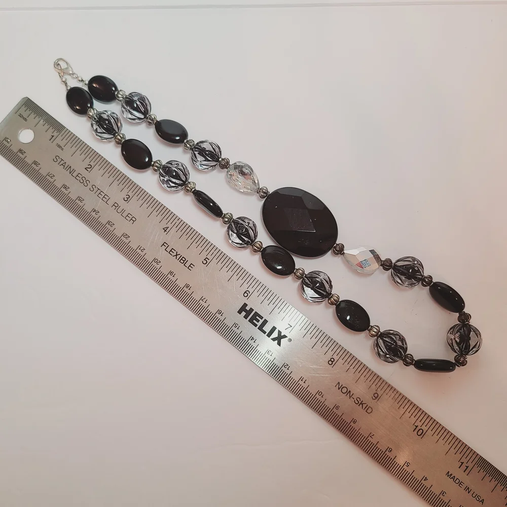 Black & Clear Beaded Statement Necklace with Large Faceted Pendant – 20