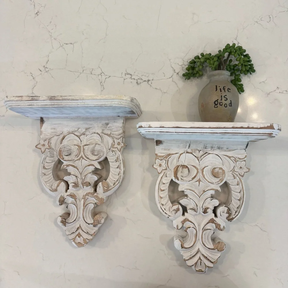 NWT Set of 2 Vintage-Inspired White Distressed Farmhouse-look Wall Shelves