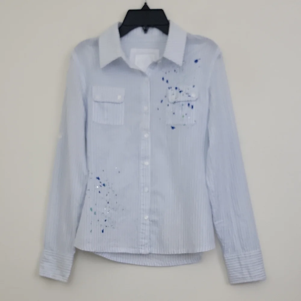 Justice Blue & Silver Striped Paint Splatter Long Sleeve Shirt Girls