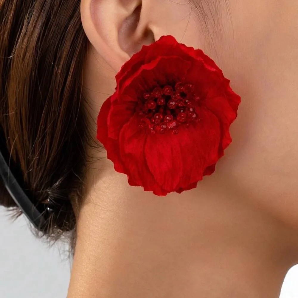 2/$30🌵 Large Red Camellia Flower Earrings Garden Statement Flamenco Gift NEW