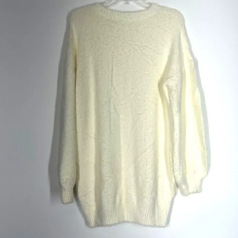 Long Soft Sweater Womens Small Cream Ivory Cozy Modest Tunic Pullover Fuzzy