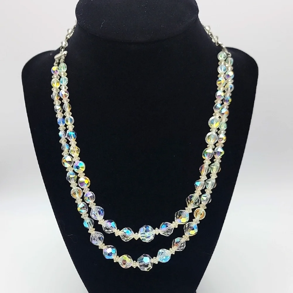 VTG Elegant 2 Strand Silver Crystal AB Aurora Borealis Necklace 15-18