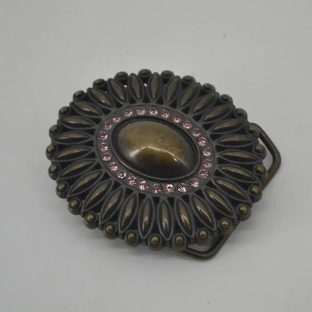 Belt Buckle Scalloped Rhinestone Antique Gold Oval Starburst