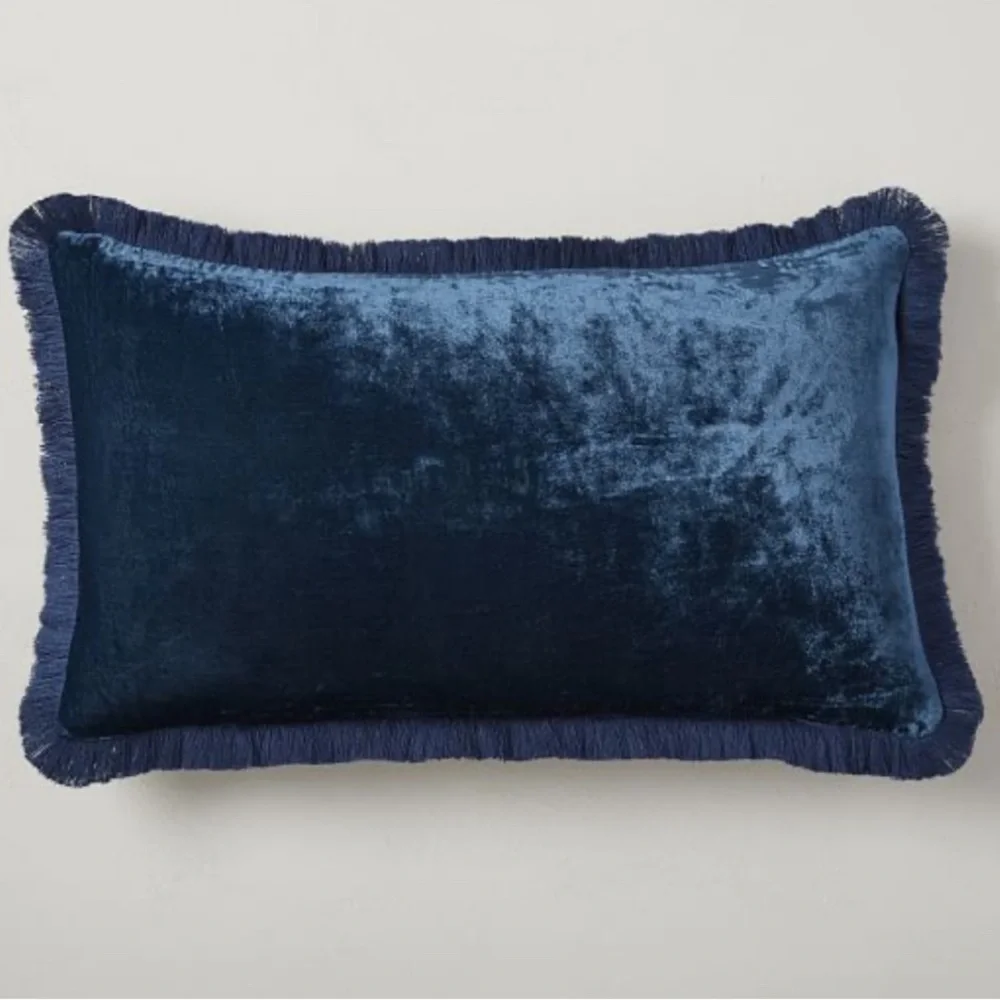 West Elm velvet fringe throw pillow cover regal blue NWT