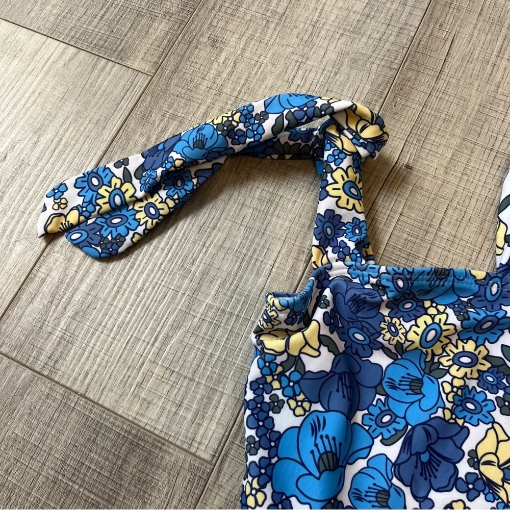 Floral Blue and Yellow Kids One-Piece Swimsuit Blue Floral Tie Strap Skirt 9-12M